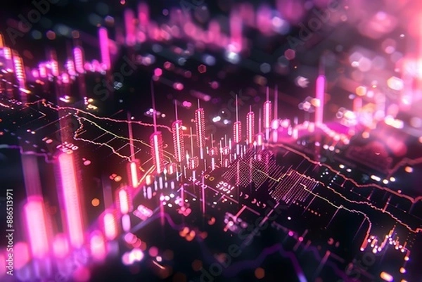 Fototapeta A dynamic stock market graph, depicting rapid fluctuations and peaks, symbolizing volatile trading sessions amidst global economic shifts.