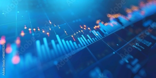 Fototapeta A graphical representation of an investment chart on a polished blue background, showcasing bullish points that define the upward trajectory of stock market trends. 