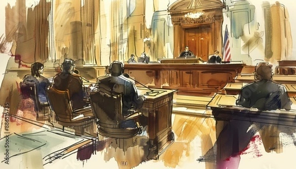 Obraz A Watercolored Sketch of a Courtroom During a Trial