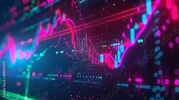 Fototapeta A sophisticated digital display featuring an options chart with vivid colors and glowing indicators, showcasing the pulse of the stock market's growth trajectory in real-time.