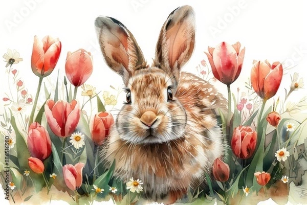 Fototapeta A charming watercolor painting of a rabbit peeking out from a field of colorful tulips, in the style of watercolor illustration, white background