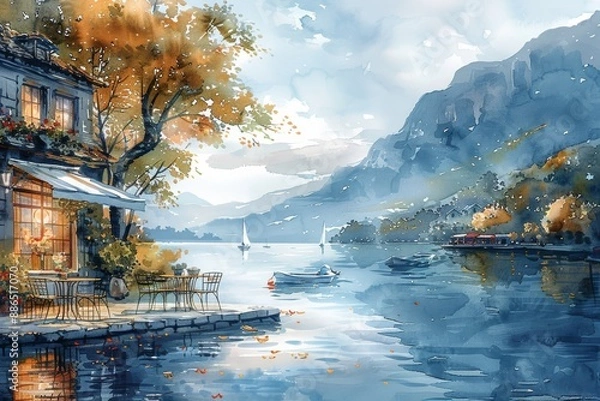 Fototapeta A serene lakeside cafe with a view of boats gently floating on the water, painted in calm and soothing watercolor shades, in the style of watercolor illustration, white background