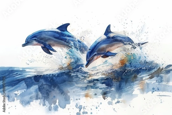 Fototapeta A pair of dolphins leaping through the waves, captured in fluid and dynamic watercolor art, in the style of watercolor illustration, white background