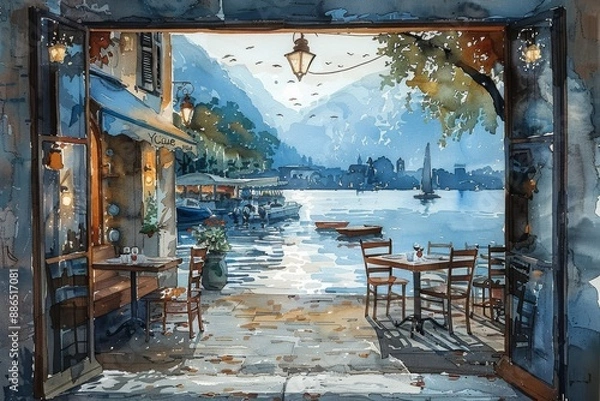 Fototapeta A serene lakeside cafe with a view of boats gently floating on the water, painted in calm and soothing watercolor shades, in the style of watercolor illustration, white background