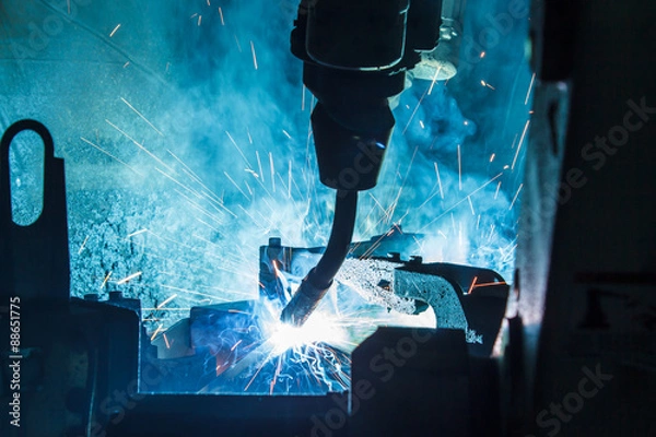 Fototapeta Welding robots movement in a car factory