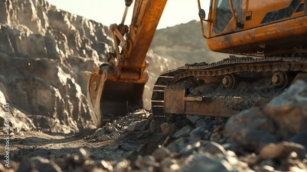 Fototapeta Bucket of yellow excavator work with ground closeup on sunny day
