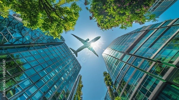 Fototapeta Green building concept with airplane in the sky. Environmentally friendly building. Sustainable glass office building with tree for carbon dioxide reduction. Office with green environment. Company bui