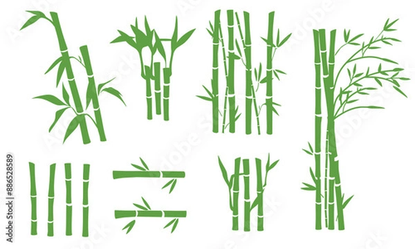 Fototapeta Bamboo leaves silhouette collection. Bamboo plant vector illustration. Bamboo element design. Bamboo branches, stems and leaves