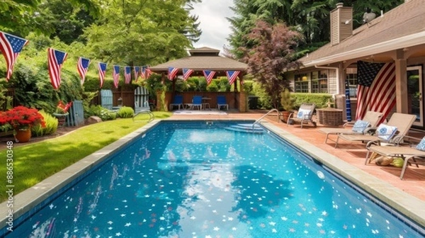 Obraz A backyard pool decorated with American flag bunting for a festive celebration. The pool area is complemented by lawn chairs and a gazebo, set against a backdrop of lush greenery