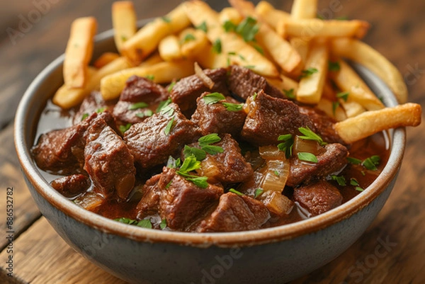 Fototapeta Authentic Stoofvlees: Belgian Beef Stew with Crispy Fries