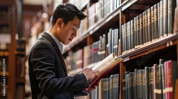 Fototapeta A law student studying textbooks in a library