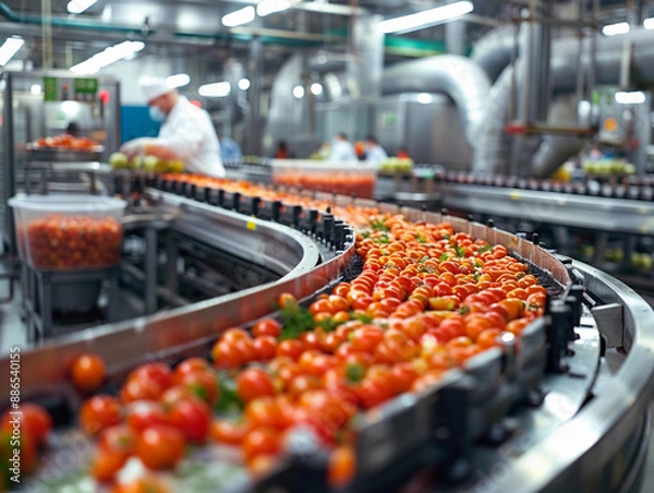 Fototapeta Red Ripe Tomatoes Moving Along A Conveyor Belt In A Food Processing Plant