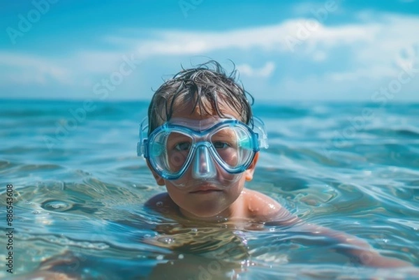 Fototapeta A kid is depicted swimming in the ocean with blue swim goggles on a sunny day, showcasing the excitement and freshness of a summer swim in clear coastal waters.