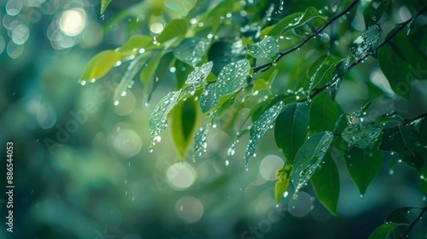 Obraz Rain Drops on Green Leaves.