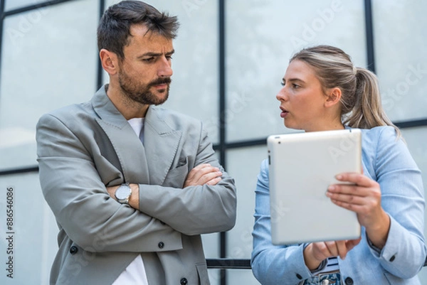 Fototapeta Two successful business people, colleagues and coworkers, finance and economy experts, working outside of office building, reading monthly statistics and report on digital tablet. White collar workers
