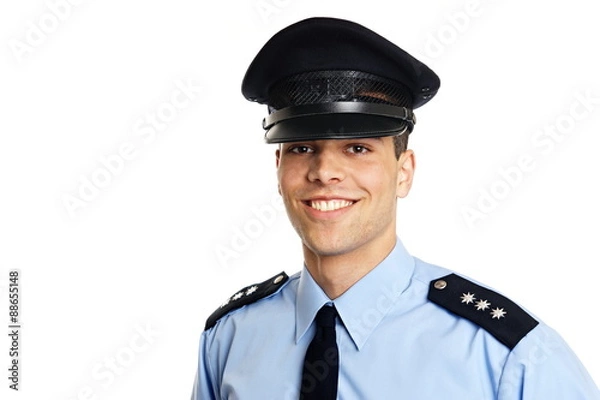 Fototapeta Smiling young policeman on white background, left you can write some text
