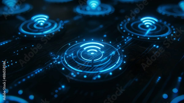 Fototapeta Glowing blue Wi-Fi symbols on a digital grid. Data sharing, connection, and communication concept background with copy space