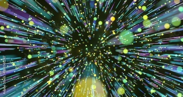 Fototapeta Neon streams move along curved trajectory on black