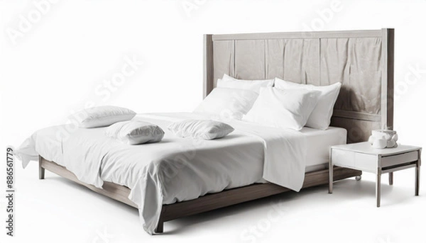 Fototapeta Blank white bed mock up, top view isolated, 3d rendering. Empty blanket and pillows mockup in bedstead. Doss with mattress and bedsheet in place for sleep template. Bedclothes with pilows and duvet