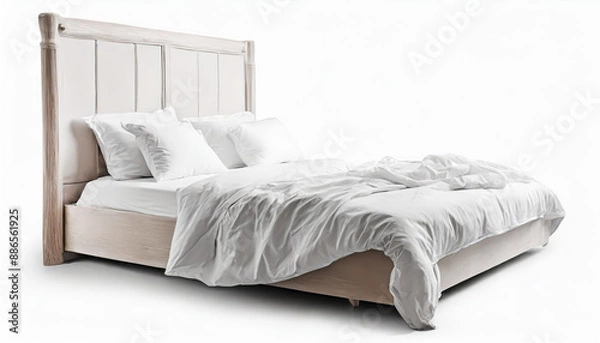 Fototapeta Blank white bed mock up, top view isolated, 3d rendering. Empty blanket and pillows mockup in bedstead. Doss with mattress and bedsheet in place for sleep template. Bedclothes with pilows and duvet