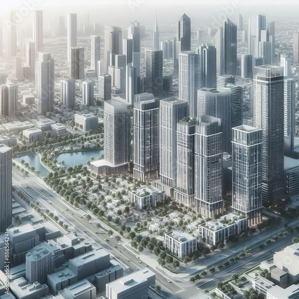 Fototapeta Современный городской пейзаж с высотными зданиями, улицами и парками. 