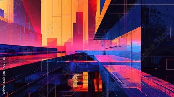 Fototapeta A painting of a city in the style of impressionism. The colors should be vibrant and the brushstrokes should be visible. The painting should be full of energy and movement.
