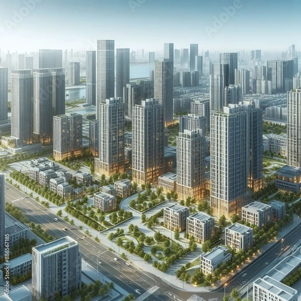 Obraz Современный городской пейзаж с высотными зданиями, улицами и парками. 