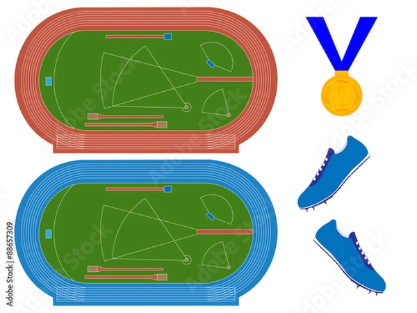 Fototapeta Athletics Field with Running Tracks in Red and Blue