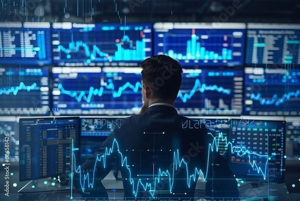 Fototapeta Business analyst deep in concentration, analyzing intricate blue graphs of stock market trends, surrounded by screens displaying real-time financial data.