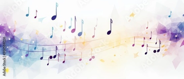 Fototapeta Floating 3D geometric shapes with music notes, 3D background music, dynamic and artistic