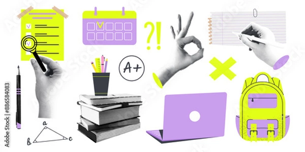 Fototapeta A set of cutout halftone collage school education trending elements. Hands, stationery, books, laptop, backpack, paper sheets.