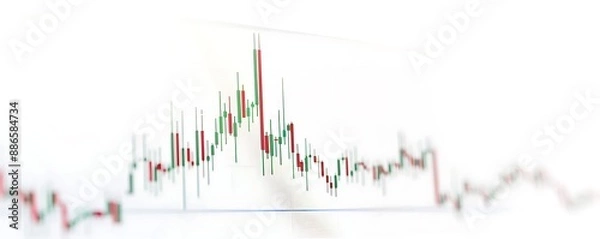 Fototapeta Candlestick graph chart illustrating a robust trend in stock market trading, minimalist white background accentuating the upward movement, clear and impactful design.