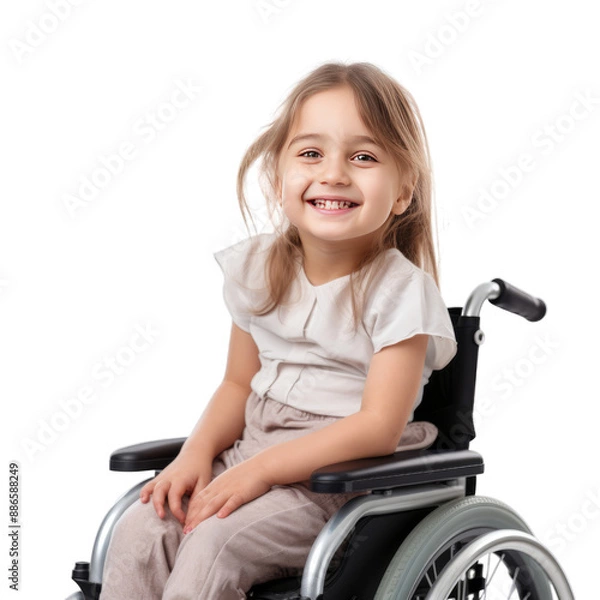 Obraz Portrait of smiling preschool girl looking at camera while sitting on disabled wheelchair and isolated on transparent background. Concept of children with disabilities.