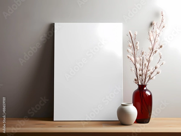 Fototapeta Minimalistic decor featuring a blank canvas and two vases on a wooden table against a neutral wall.