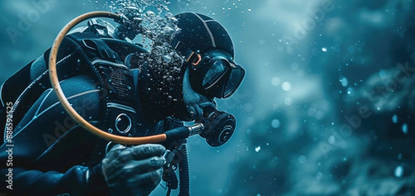Obraz A diver wearing a waterproof smart dive computer with depth and temperature readings. Generative AI.