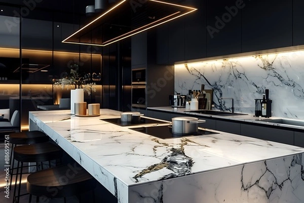 Fototapeta A luxurious marble kitchen countertop gleaming under soft lighting, showcasing its intricate veins and textures, surrounded by modern appliances and sleek cabinets.
