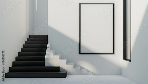 Fototapeta A minimalist black frame contrasts against the white wall between the stairs, showcasing a single, striking art piece that draws the eye upward, creating a focal point in the home's modern interior.