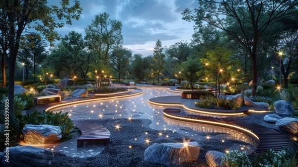 Fototapeta Futuristic public park with interactive installations, smart benches, and eco-friendly technology.