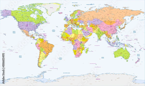 Fototapeta Detailed political physicals map of the world English labeled