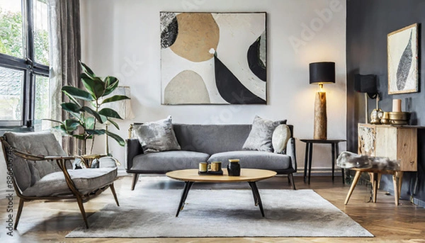 Fototapeta Sleek and Stylish Stylish and scandinavian living room interior of modern apartment with gray sofa, design wooden commode, black table, lamp, abstract paintings on the wall.