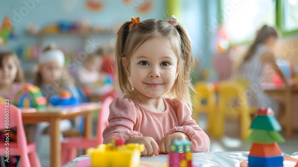 Obraz Happy toddler playing in a vibrant preschool classroom