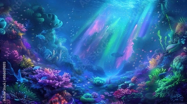 Fototapeta 虹色のオーロラが照らす海中風景 - 神秘的な海の世界