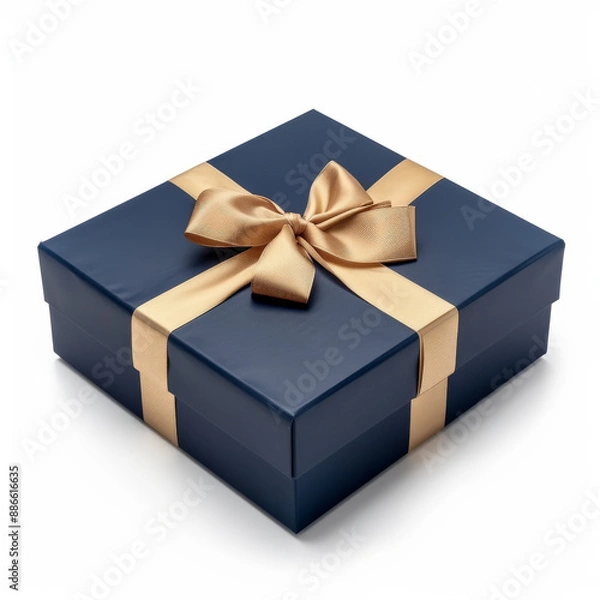 Obraz A sophisticated gift box in matte navy blue with a gold ribbon, isolated on white background