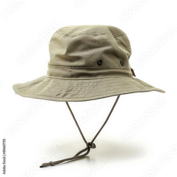 Fototapeta A safari hat in khaki with a wide brim and chin strap, designed for outdoor adventures, isolated on white background.
