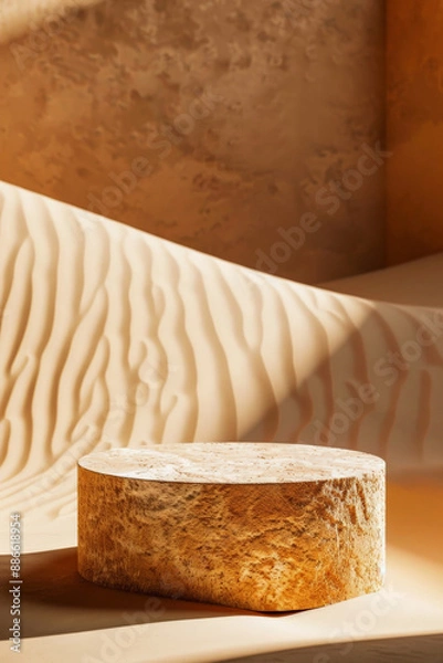 Fototapeta Smooth sandstone stone podium for product presentation on a warm, desert-themed background with sunlit dunes
