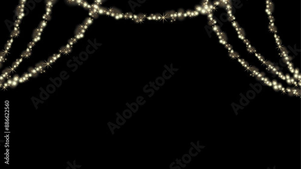 Fototapeta Golden glitter holiday banner. A string or wire line of decoration lights seamless repeatable design element. Bright festive tinsel of gold color Bokeh effect.