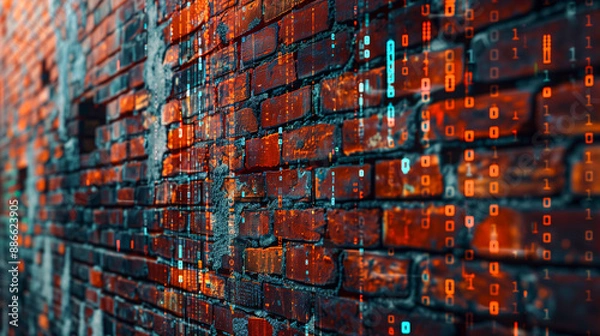 Obraz Close-Up of a Weathered Brick Wall with Digital Noise and Fragmented Code Texture