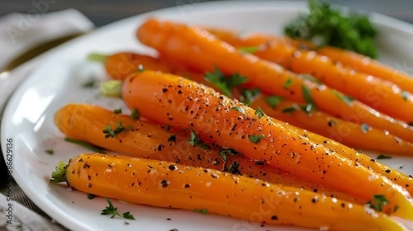 Fototapeta Vibrant steamed carrots with light seasoning, garnished with fresh parsley, on a white plate.