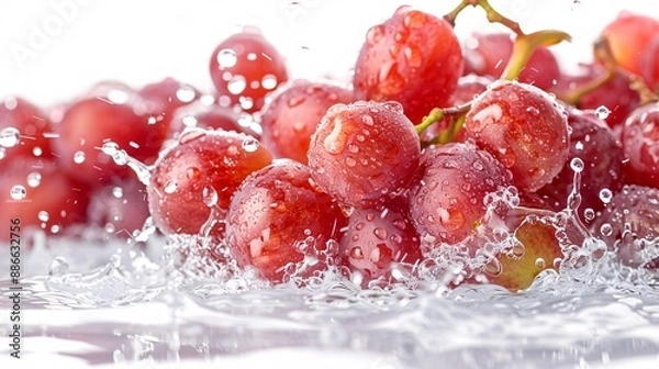 Obraz Red Globe grapes cascading into clear water with a splash effect and droplets frozen mid-air against a white background Stock Photo with copy space