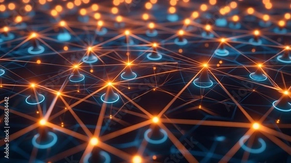 Fototapeta A 3D network grid with interconnected nodes glowing brightly, representing the robust and successful nature of strategic business management.
